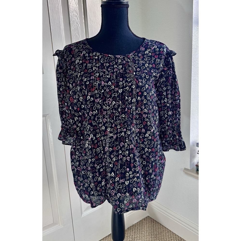 Ann Taylor Loft Top Womens XL Black Red Pink Hearts Ruffled 3/4 Sleeve Boho